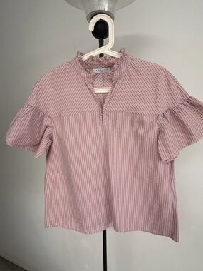 Sandro Pink and White Striped Ruffle-Trim Short Sleeve Blouse